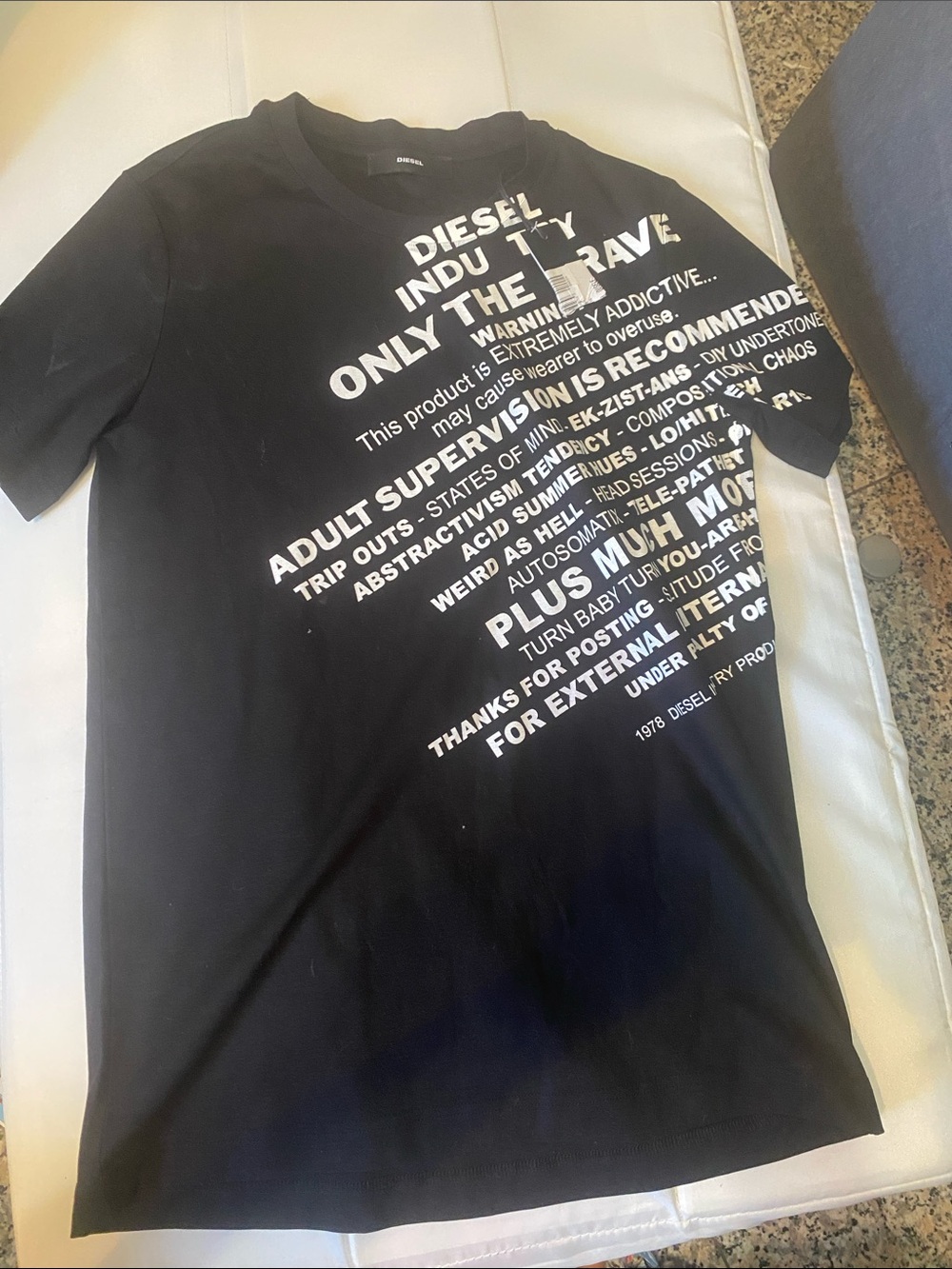 Authentic Diesel Black Tee with White Diagonal Text Graphic